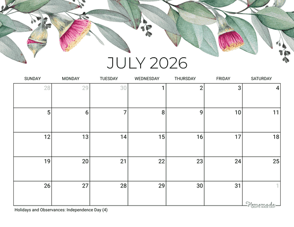 July Calendar 2026 Printable Eucalyptus