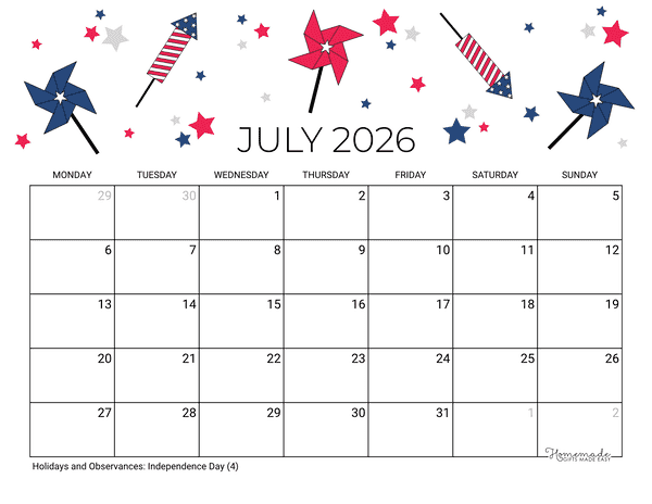 July Calendar 2026 Printable Fourth July Landscape Monday Start