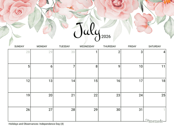 July Calendar 2026 Printable Rose