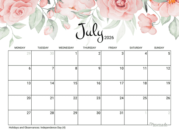 July Calendar 2026 Printable Rose Monday Start