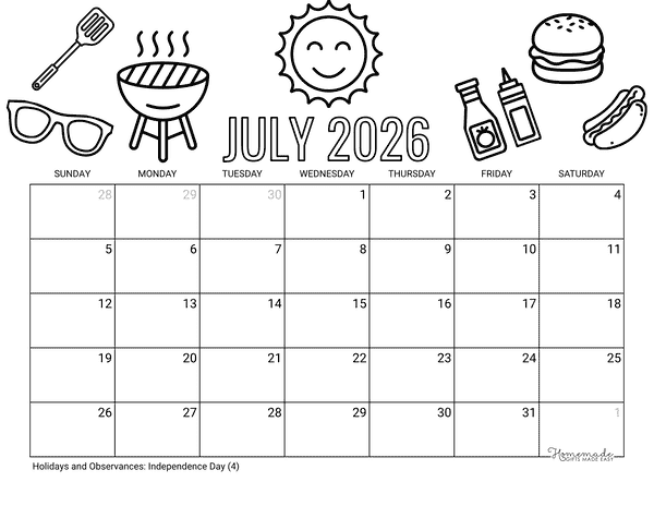 July Calendar 2026 Printable Summer Barbeque to Color
