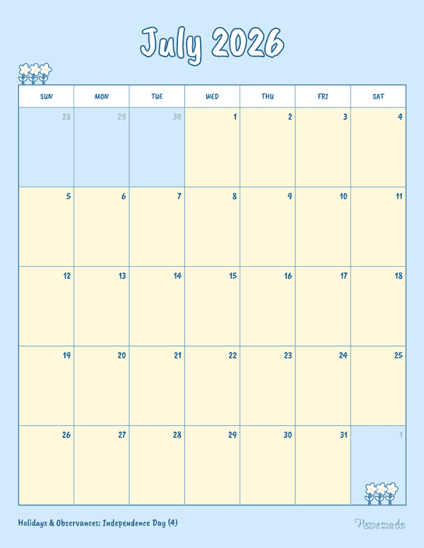 July Calendar 2026 Simple Cute Blue Portrait