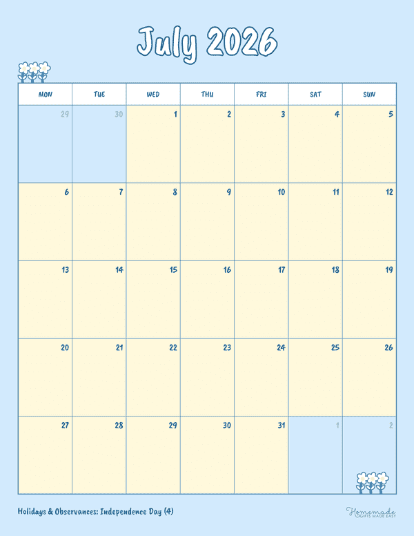 July Calendar 2026 Simple Cute Blue Portrait Monday Start