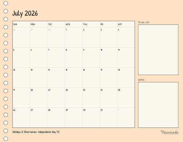 July Calendar 2026 Simple Warm Cream With Notes and to Do List