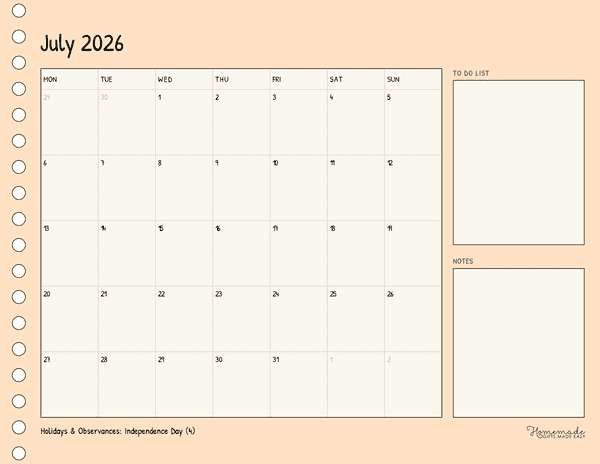 July Calendar 2026 Simple Warm Cream With Notes and to Do List Monday Start