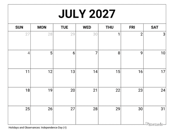 July Calendar 2027 Printable Blank