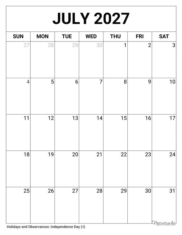 July Calendar 2027 Printable Blank Portrait