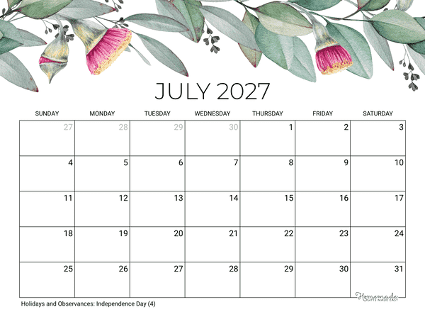 July Calendar 2027 Printable Eucalyptus