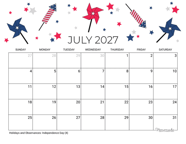 July Calendar 2027 Printable Fourth July Landscape