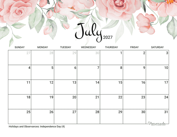 July Calendar 2027 Printable Rose