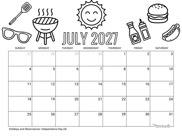 July Calendar 2027 Printable Summer Barbeque to Color Landscape