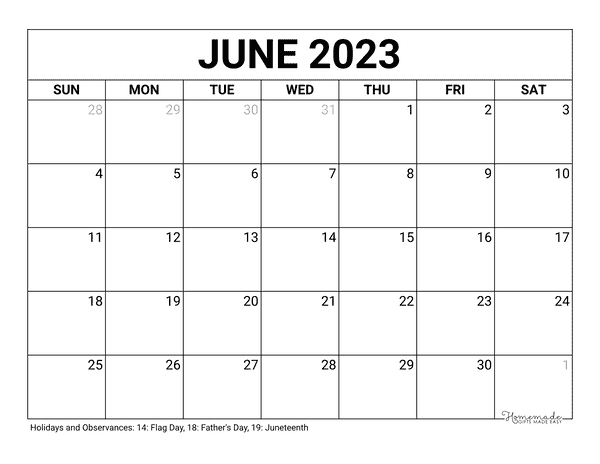 June 2023 Calendar Free Printable With Holidays