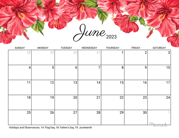 june Calendar 2023 Printable Hibiscus