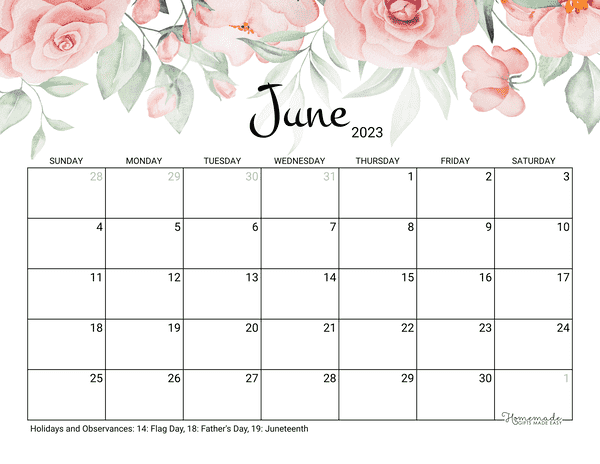 june Calendar 2023 Printable Rose