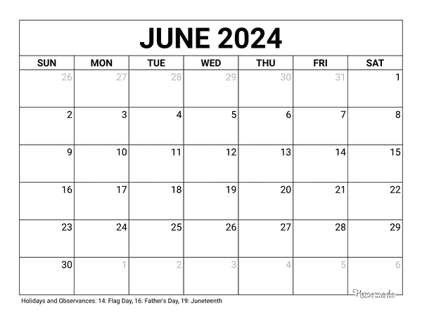 Month Of June Calendar