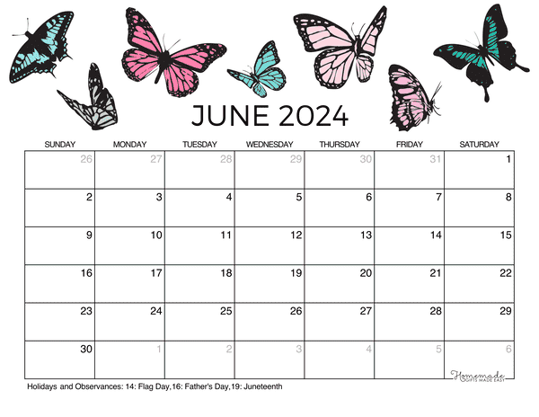 June Calendar 2024 Printable Summer Butterflies Landscape 600x464 