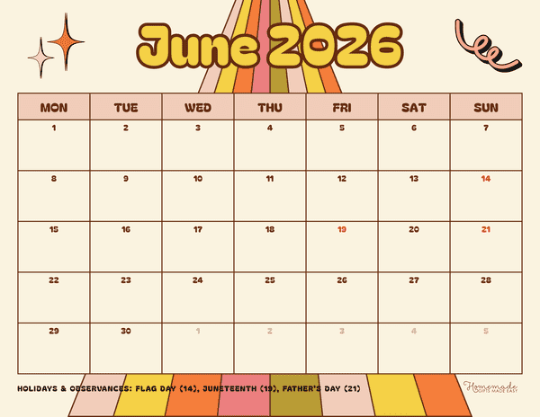June Calendar 2026 Chill Colorful Retro Vibes Monday Start