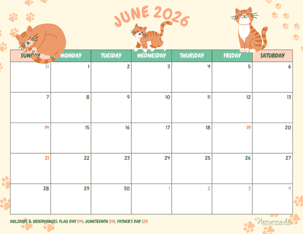 June Calendar 2026 Cute Orange Cat Illustrations