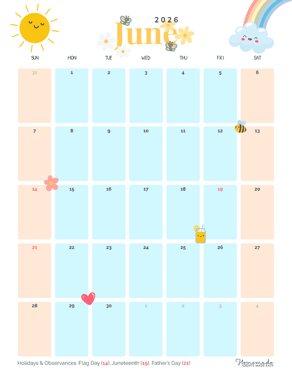 June Calendar 2026 Cute Summer Doodles Portrait