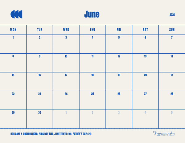 June Calendar 2026 Modern Blue Minimalism Monday Start