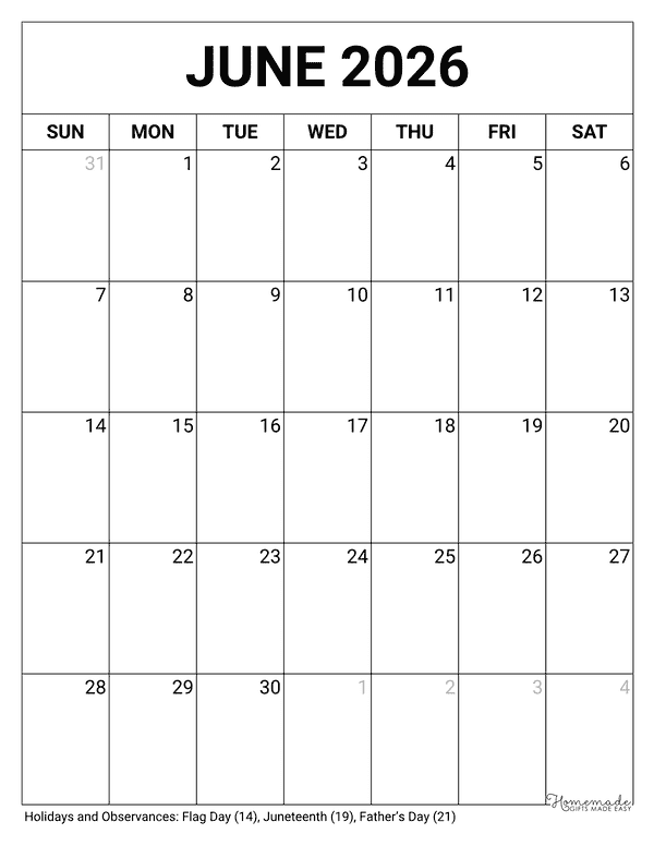 June Calendar 2026 Printable Blank Portrait