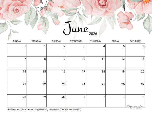 June Calendar 2026 Printable Rose