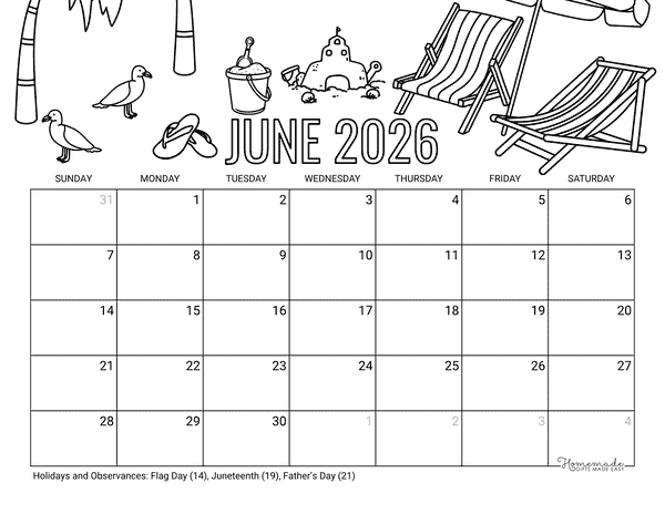 June Calendar 2026 Printable Summer Beach to Color