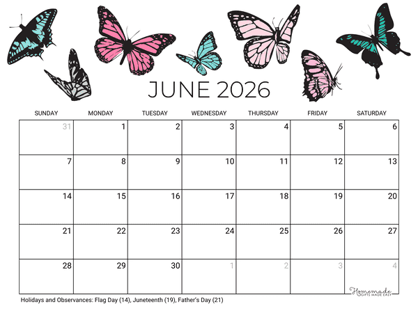 June Calendar 2026 Printable Summer Butterflies Landscape