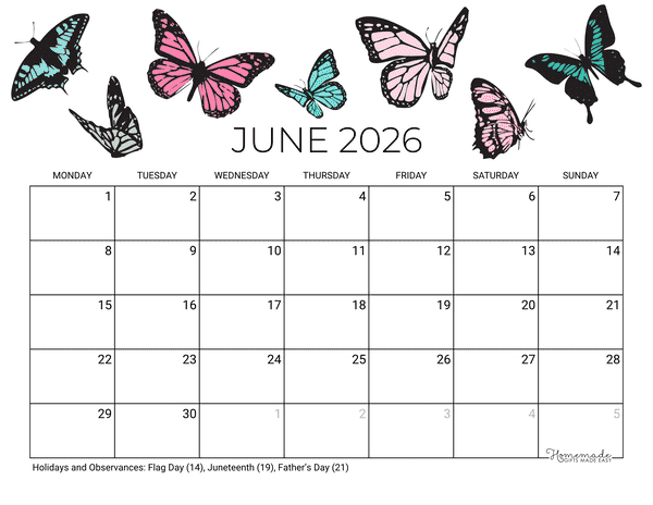 June Calendar 2026 Printable Summer Butterflies Landscape Monday Start