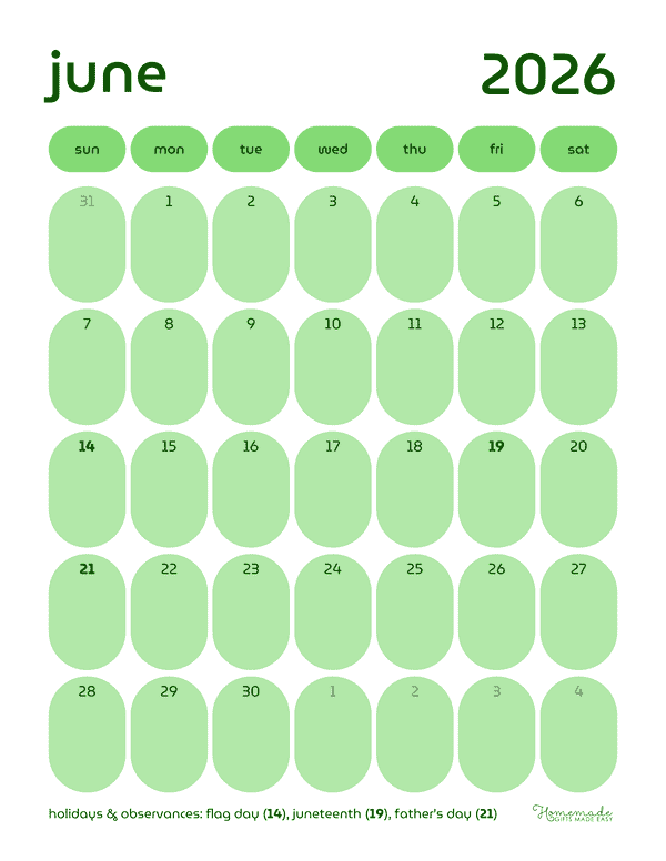 June Calendar 2026 Round Green Minimalistic Retro Portrait