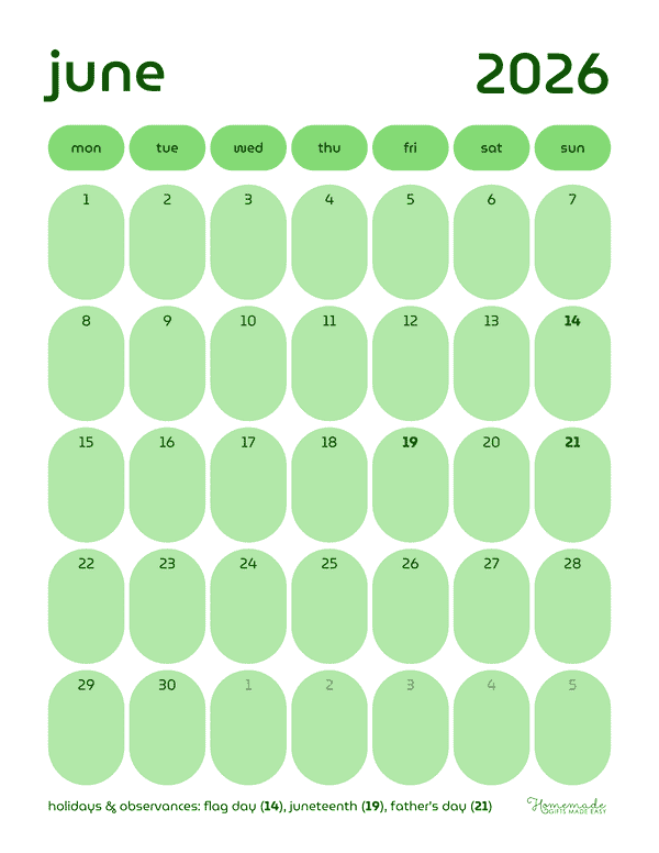 June Calendar 2026 Round Green Minimalistic Retro Portrait Monday Start