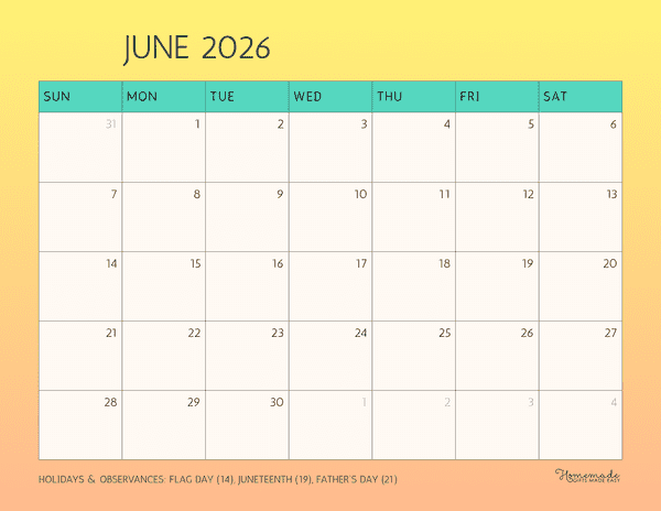 June Calendar 2026 Simple Summer Sunset