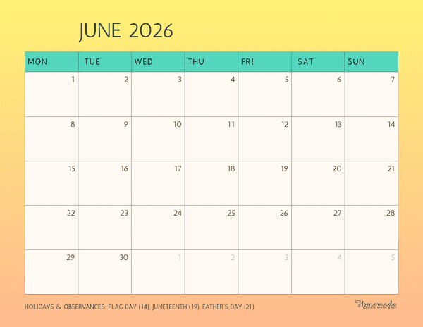 June Calendar 2026 Simple Summer Sunset Monday Start
