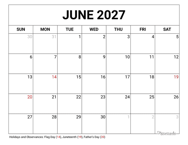 June Calendar 2027 Printable Blank