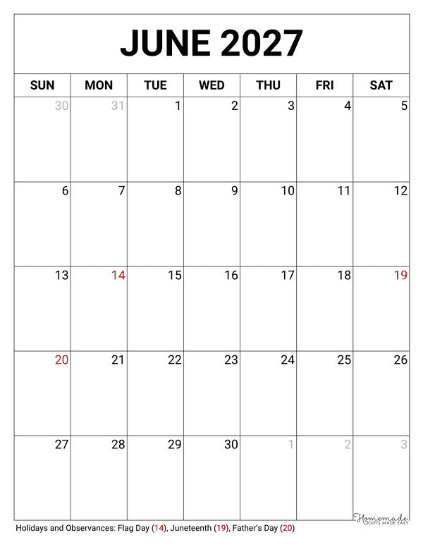 June Calendar 2027 Printable Blank Portrait