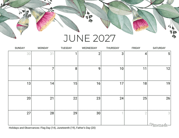 June Calendar 2027 Printable Eucalyptus