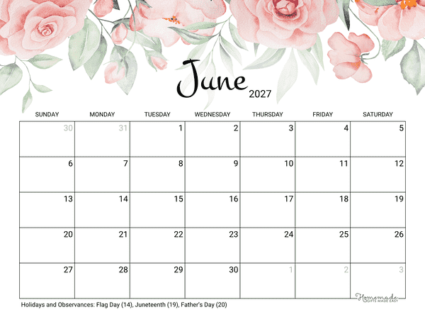 June Calendar 2027 Printable Rose