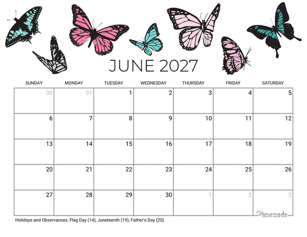 June Calendar 2027 Printable Summer Butterflies Landscape