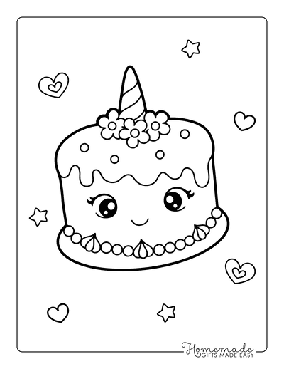 Kawaii Coloring Pages Cute Cake With Unicorn Horn