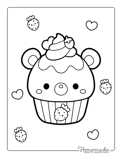 Kawaii Coloring Pages Cute Cupcake Bear Strawberries Hearts