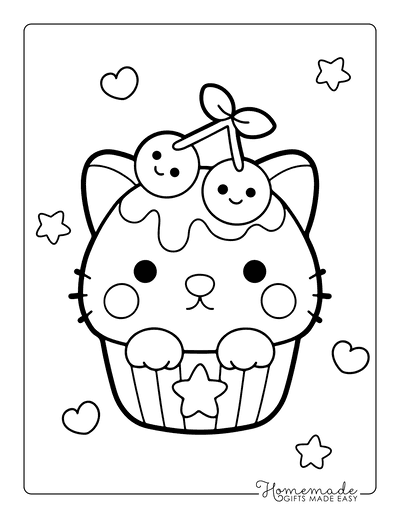 Kawaii Coloring Pages Cute Cupcake Cat Cherry on Top Heart Stars