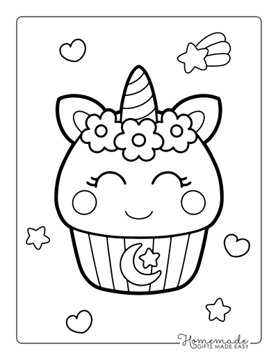 Kawaii Coloring Pages Cute Cupcake Star Moon Unicorn Horn
