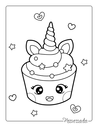 Kawaii Coloring Pages Cute Cupcake With Unicorn Horn Stars