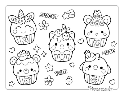 Kawaii Coloring Pages Cute Cupcakes Unicorn Bear Mouse Cat Chick