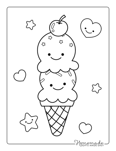 Kawaii Coloring Pages Cute Icecream Cone Two Scoops Cherry on Top