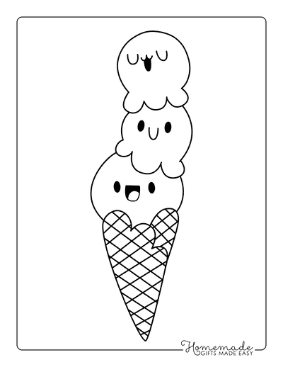 Kawaii Coloring Pages Cute Icecream Cone With 3 Scoops