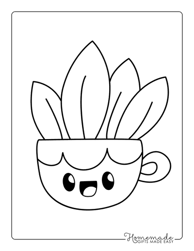 Kawaii Coloring Pages Cute Plant in a Teacup Big Eyes