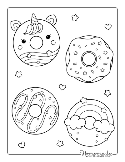 Kawaii Coloring Pages Cute Unicorn Rainbow Swirly Donuts