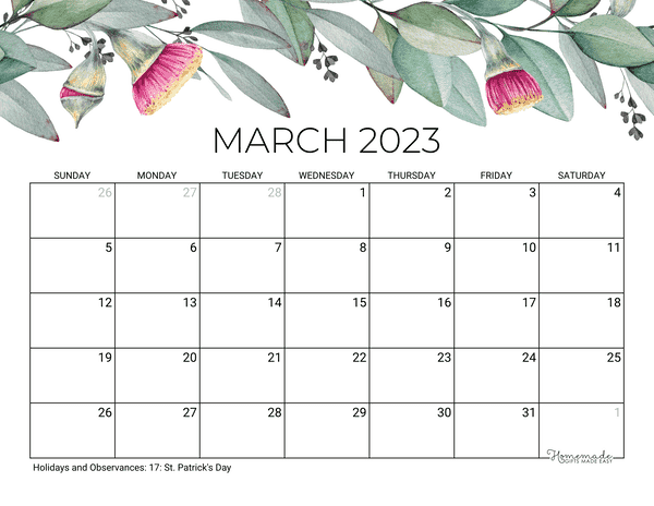 March Calendar 2023 Printable Eucalyptus