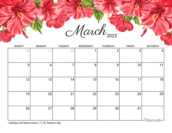 march Calendar 2023 Printable Hibiscus